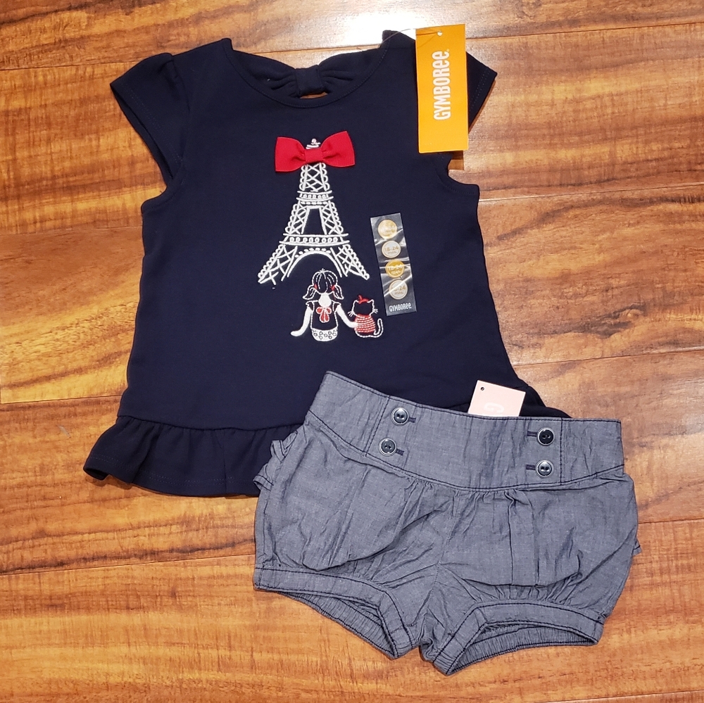 Gymboree NWT 18-24 months navy Parisian embroidered top and chambray shorts